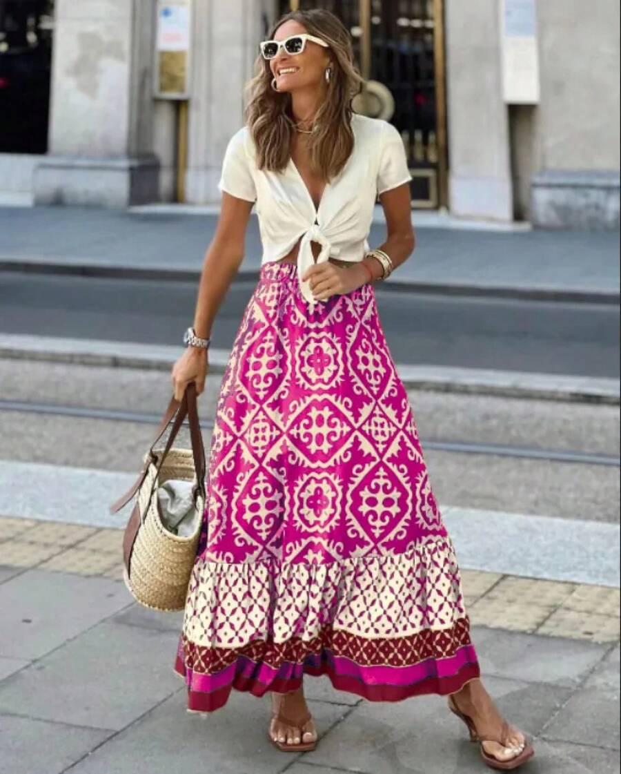 Falda midi elástica con estampado y cintura elástica para mujer, estilo bohemio, adecuada para la playa y el uso diario - Rosa Roja - Ver 1