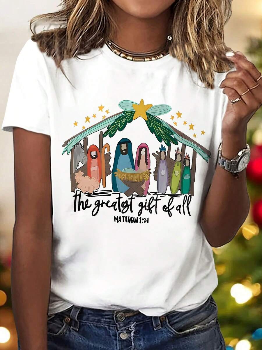Camiseta de mujer con estampado navideño, de manga corta y cuello redondo, informal, con estampado de historia navideña, el regalo más grande, top religioso para mujer. Ropa casual de verano, ropa para clima cálido, estilo urbano, moda moderna, uso diario, ropa para jugar al aire libre, atuendo para vacaciones, atuendo para fiestas. - Blanco - Ver 1