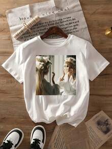 Camiseta con estampado de muñeca, top casual de manga corta y cuello redondo, adecuada para primavera y otoño, ropa de mujer. Ropa casual de verano, ropa para clima cálido, estilo urbano, moda moderna, uso diario, ropa para jugar al aire libre, atuendo para vacaciones, atuendo para fiestas. - Blanco - Ver 7