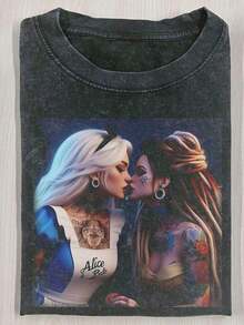 Kissing Two Women, 230g Washed, Printed T-Shirt, High-Quality Batik Cotton Heavyweight New Retro Fashion Brand T-Shirt, Round Neck Loose Plus Size Casual Shirt, The Same For Men And Women, Perfect Holiday Gift. - Negro - Ver 6