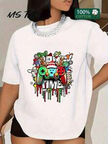 |       1 Camiseta de Mujer 100% Algodón Transpirable |       Camiseta de manga corta de algodón puro de 180g, 100% algodón, con estampado de consola de juegos colorido, suave y transpirable, de cuello redondo, estilo casual para primavera y verano, camiseta de mujer, 1 pieza.Chica, - Ideal para el verano. Camiseta fresca de verano, estilo unisex. - Blanco - Ver 1