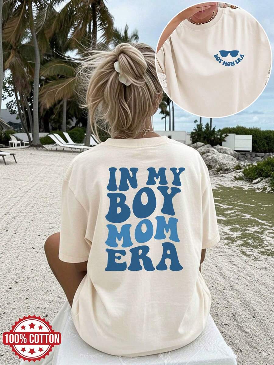 Camiseta de edición limitada con estampado gráfico, hombros caídos, manga corta, cuello redondo, estilo casual para primavera y verano, ropa de mujer, algodón ligero. - Albaricoque - Ver 1