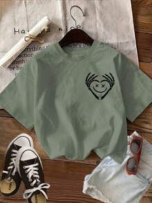 Edición Limitada: Camiseta Casual de Verano para Mujer con Estampado de Doble Cara, Estilo Oscuro, Calavera y el Texto 'STAY POSITIVE' en una Camiseta de Manga Corta y Cuello Redondo de Algodón Ligero. - Verde - Ver 4