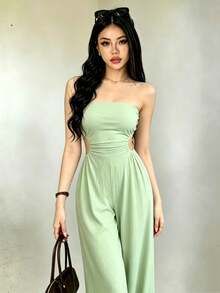 Mono largo con hombros descubiertos y espalda descubierta para mujer, para verano - Verde - Ver 2