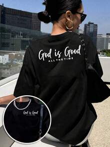 New 2026 Collection: Women's Cotton T-Shirt With Front And Back Prints, Featuring The "God Is Good" Design. A Casual, Short-Sleeved, Crew-Neck T-Shirt For Women, Suitable For Workouts In All Seasons And Everyday Wear, With A Fun Printed Design. - 黑色 - 查看 1