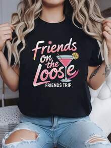 Camiseta con estampado gráfico Friends On The Loose Friends Trip, manga corta, cuello redondo, top casual para verano y primavera, ropa de mujer. - Negro - Ver 1