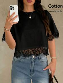 Pure Cotton Comfortable Versatile Lace Patchwork Casual Street Vacation T-Shirt Top, Spring/Summer Black, Effortless Style - Black - View 2