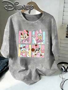 Disney Minnie Mouse & Daisy Duck Cartoon Print White-Simple Casual Style Graphics 100% Cotton T-Shirt-Soft And Comfortable T-Shirt With Round Neck And Short Sleeves, Street Fashion Tops Suitable For All Seasons, Casual Street T-Shirt With Round Neck, Unisex, Suitable For Mother's Day Gifts. - Xám - Xem 1