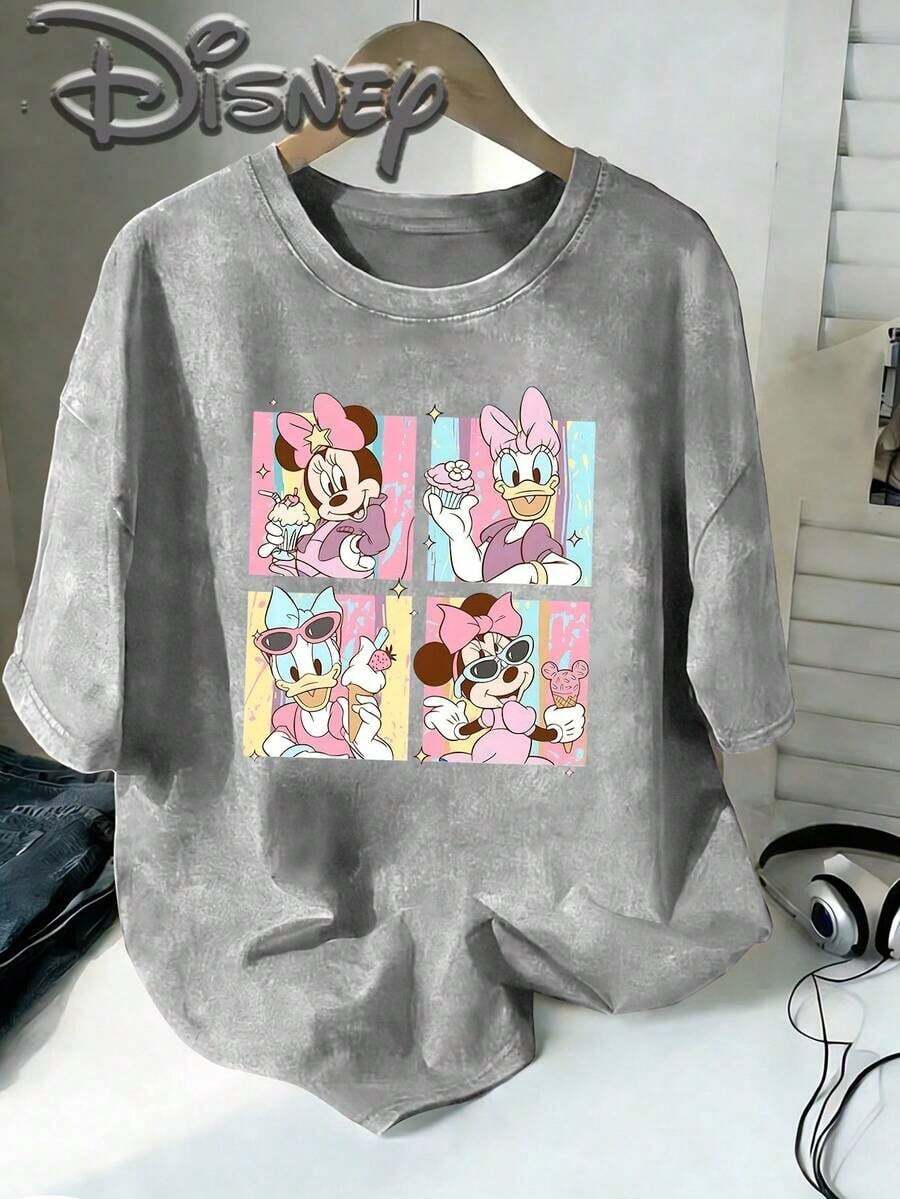 Disney Minnie Mouse & Daisy Duck Cartoon Print White-Simple Casual Style Graphics 100% Cotton T-Shirt-Soft And Comfortable T-Shirt With Round Neck And Short Sleeves, Street Fashion Tops Suitable For All Seasons, Casual Street T-Shirt With Round Neck, Unisex, Suitable For Mother's Day Gifts. - Xám - Xem 1