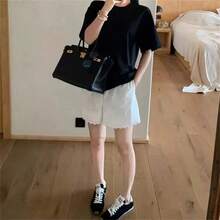 Shorts Casuales con Encaje Blanco y Parches para Mujer, Cintura Alta, Pierna Ancha, Pantalones de Playa para Vacaciones, Shorts Holgados y Finos para el Hogar - Negro - Ver 3