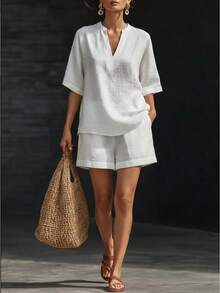 Women's V-Neck Short Sleeve Two-Piece Linen Blend Set, Rolled Sleeve Top With Elastic Waist Shorts, Relaxed Fit Silhouette, Casual Vacation Style, Ideal For Beach Days, Travel, Errands And Summer Occasions - 白色 - 查看 4