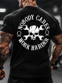 New Men's Casual Sports T-Shirt For Spring/Summer - Lightweight And Comfortable, Featuring A Skull And Key Design And The Phrase 'NOBODY CARES WORK HARDER'. Ideal For Casual Everyday Wear, Sports Activities, And Gym Sessions, Comfortable And Loose. - 白色 - 查看 5