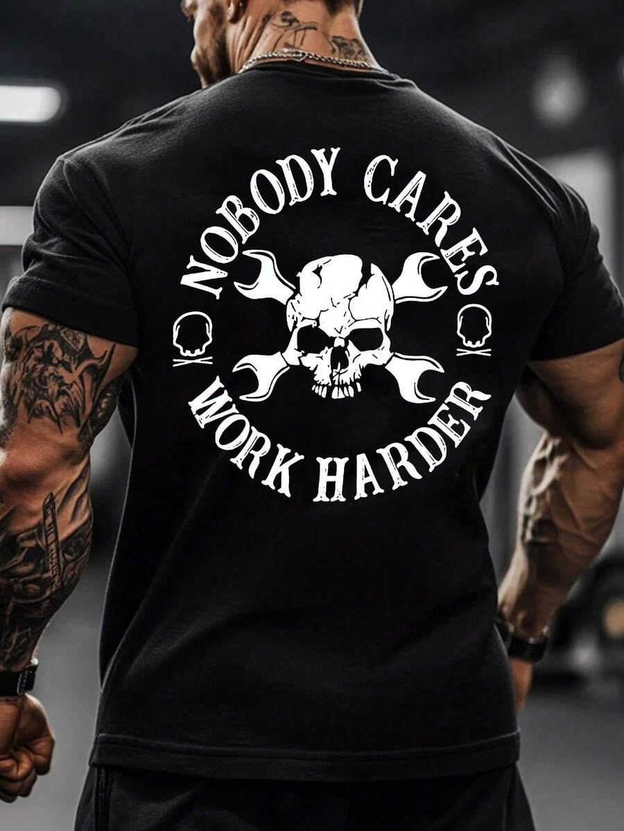 New Men's Casual Sports T-Shirt For Spring/Summer - Lightweight And Comfortable, Featuring A Skull And Key Design And The Phrase 'NOBODY CARES WORK HARDER'. Ideal For Casual Everyday Wear, Sports Activities, And Gym Sessions, Comfortable And Loose. - 後退 - 查看 1