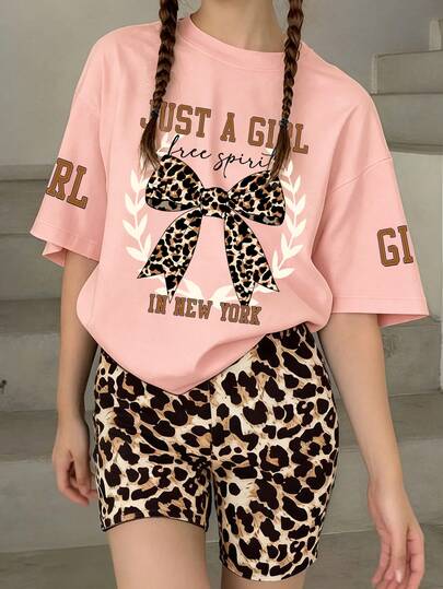 Set de 2 piezas con camiseta de manga corta con estampado de letras + shorts con estampado de leopardo para adolescentes, estilo minimalista de moda, versátil para salidas, uso diario casual y uso escolar en verano