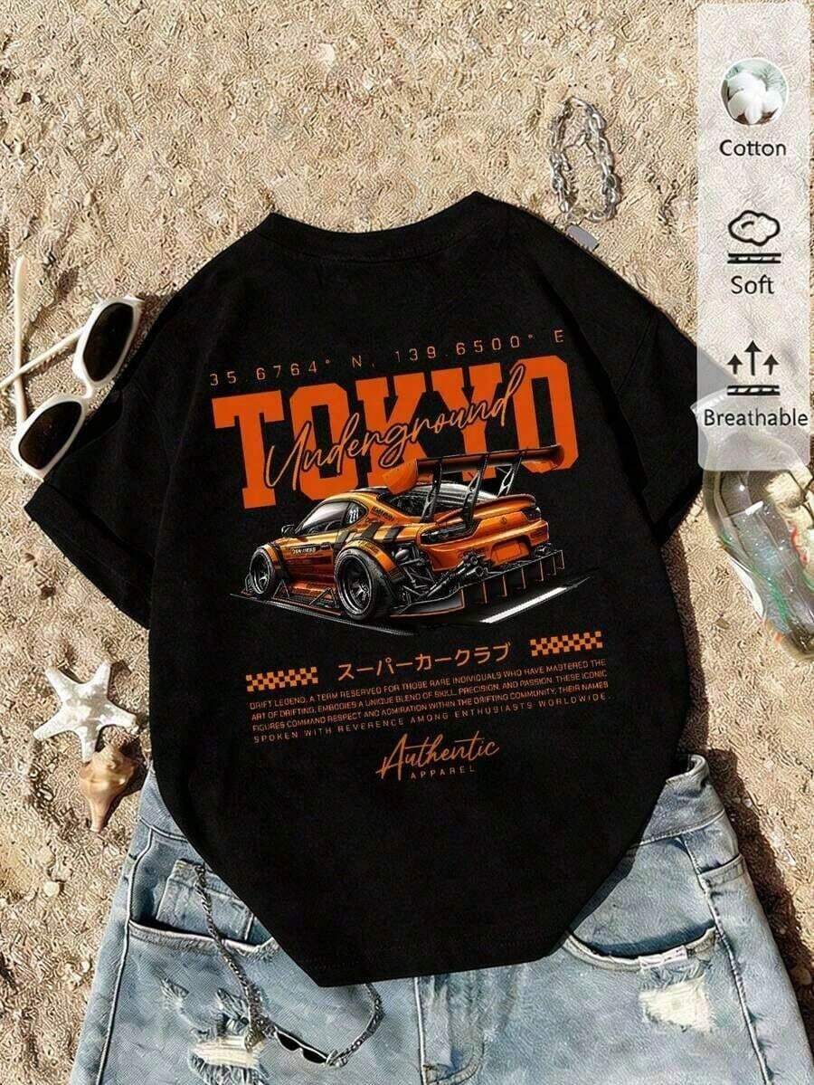 Unisex t-shirt i 100% bomull, designad med ett vintage-amerikanskt racingmotiv, nyhet för vår/sommarsäsongen, moderiktig sporttopp, mjuk och luftig, unisex kortärmad topp i vitt. - Svart - Visa 1
