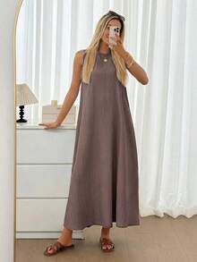 Vestido midi holgado sin mangas con espalda plisada, bajo irregular, silueta en A, tela de crepé texturizada, uso casual, relajado y elegante para la oficina/vacaciones para mujeres, primavera/verano - Púrpura polvoriento - Ver 7