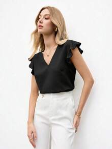 Blusa holgada de manga abullonada y cuello en V para mujer, estilo urbano básico, elegante y minimalista para uso casual en la oficina, adecuada para maestras y atuendo de negocios, otoño - Negro - Ver 7