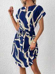 Vestido casual para primavera/verano de mujer con cuello de solapa, estampado y cinturón - Azul marino - Ver 4