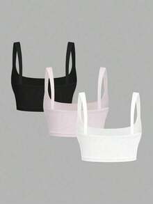 3 piezas Camiseta de tirantes de unicolor y corta para mujeres - Multicolor 7 - Ver 2