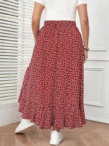 Falda casual de verano para mujer de talla grande con diseño de cintura alta, estampado floral diminuto y largo en la parte trasera, ideal para bodas, vacaciones y resorts de estilo bohemio - Rojo - Ver 2