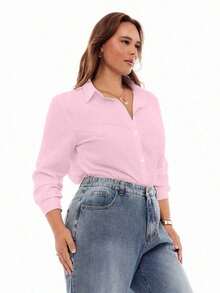 Camisa de manga larga con cuello vuelto y botones para mujer de talla grande, elegante camisa blanca de otoño - Rosa - Ver 6