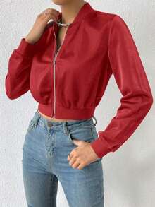 Chaqueta bomber corta con cremallera de color liso, chaqueta ligera de mujer de uso casual para primavera/otoño con manga regular, cuello tipo béisbol y ajuste regular en color negro liso - Rojo - Ver 3
