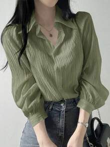 Blusa suelta de unicolor con cuello vuelto y pliegues para mujer, color morado, para primavera/verano/otoño, ropa de mujer de manga larga - Verde - Ver 4