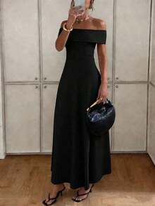 Vestido de mujer de unicolor con hombros descubiertos, nuevo vestido largo elegante y ajustado sin espalda para fiestas, uso diario y citas - Negro - Ver 7