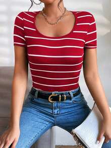 Camiseta de rayas de cuello scoop - Rojo - Ver 3