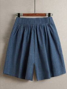 Pantalones cortos de mujer talla grande, casuales, para ir al trabajo o salir, con diseño de abertura redonda, cintura elástica y decoración de nudo chino con botones - Azul - Ver 2
