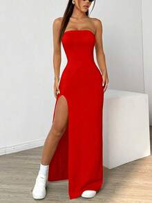 Vestido de ajustado para mujeres con muslo dividido y sin tirantes de unicolor - Rojo - Ver 3