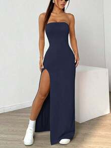 Vestido sin tirantes con abertura alta de unicolor para mujeres - Azul marino - Ver 9