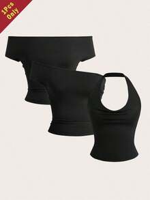 Tops ajustados de verano de diseño multifuncional de punto en azul marino para mujeres - Negro - Ver 8