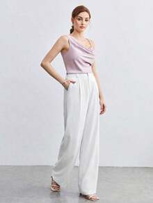 Top de tirantes con diseño asimétrico, decoración de metal y drapeado para mujer.Diseño minimalista, elegante y de moda para uso casual en el trabajo, apto para maestras, oficina, bodas y conciertos. - Lila Púrpura - Ver 3