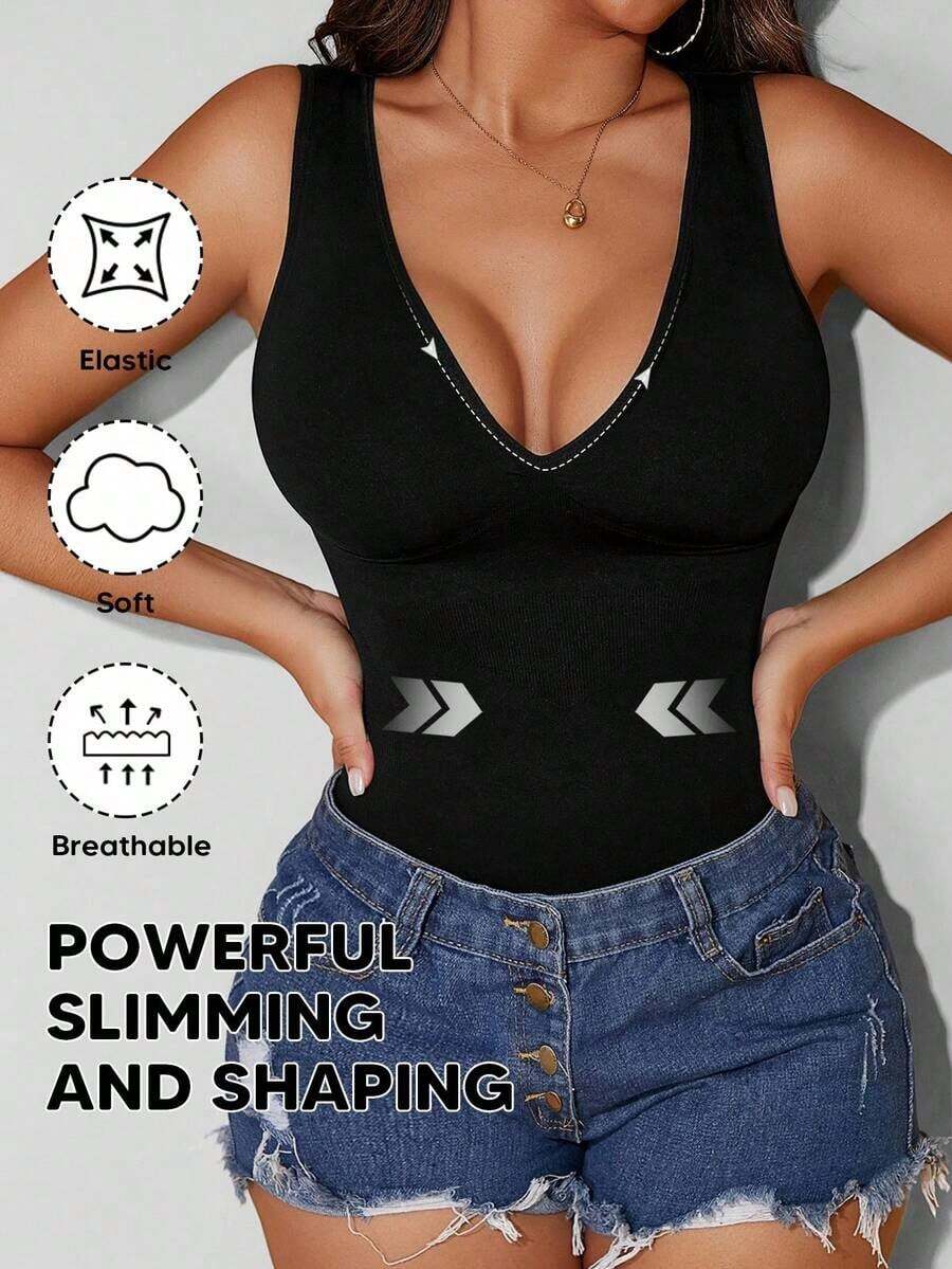 Camiseta sin costuras con cuello en V de unicolor y elegante para mujer, casual en color negro - Negro - Ver 1