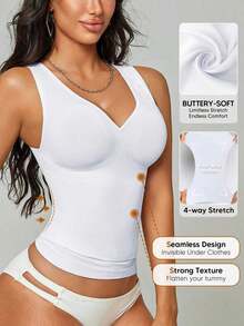 Camiseta sin costuras con cuello en V de unicolor y elegante para mujer, casual en color negro - Blanco - Ver 1