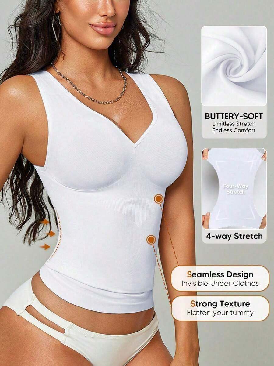 Camiseta sin costuras con cuello en V de unicolor y elegante para mujer, casual en color negro - Blanco - Ver 1