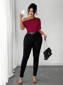Blusa de talla grande para mujer elegante, personalizada, de moda, versátil, con un solo hombro, adecuada para uso diario - Burdeos - Ver 4