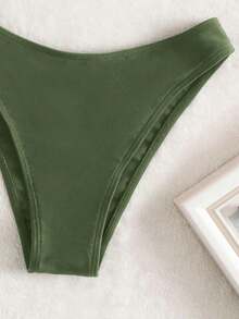 Conjunto de bikini liso, sujetador push up y parte inferior de bikini, traje de baño de 2 piezas - Verde militar - Ver 3