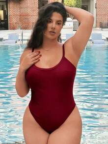 Traje de baño de una pieza con tirantes finos de unicolor para tallas grandes - Burdeos - Ver 3