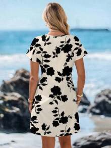 Vestido casual de mujer con estampado floral, cuello en V y manga corta para vacaciones - Multicolor 3 - Ver 3