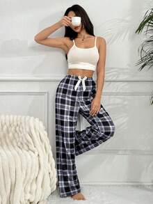 Pantalones de pijama holgados con lazo y estampado de cuadros para mujer, otoño e invierno - verde menta - Ver 4