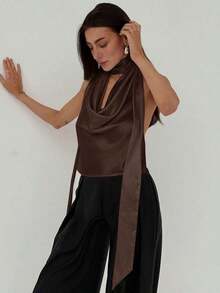 elegante de diosa para mujer en color albaricoque, ideal para dama de honor, boda, fiesta, cita, vacaciones románticas.Diseño fluido, con cuello halter y espalda descubierta, sexy, para verano y vacaciones - Café integral - Ver 6