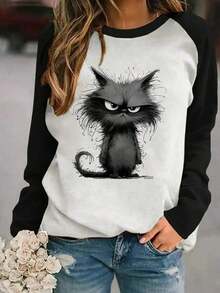 Camiseta de manga larga con cuello redondo, estampado de letras y contraste de color para mujer - Blanco y Negro - Ver 5