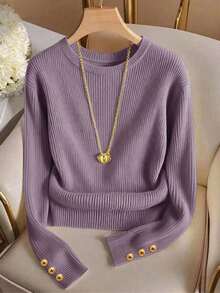 Elegante camiseta de punto de cuello redondo, top de punto minimalista de moda, otoño/invierno - Púrpura malva - Ver 6