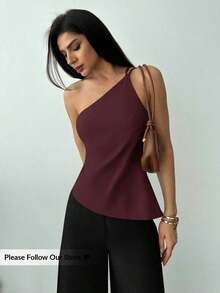 Nueva llegada Primavera/Verano Elegante Top casual de lino color albaricoque con cintura fruncida, bajo asimétrico y espalda descubierta - Burdeos - Ver 1
