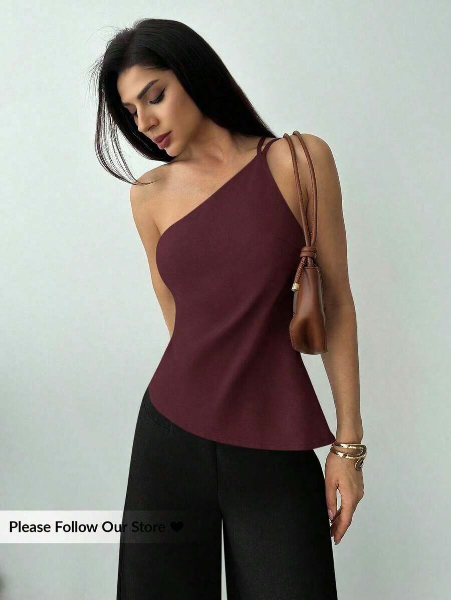 Nueva llegada Primavera/Verano Elegante Top casual de lino color albaricoque con cintura fruncida, bajo asimétrico y espalda descubierta - Burdeos - Ver 1