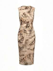 Vestido elegante de longitud media con pliegues y estampado de lunares para mujer - Amarillo - Ver 6