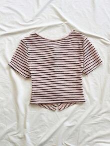 Blusa de manga corta casual con decoración de lazo metálico para mujeres, estilo de vacaciones informal - Multicolor - Ver 2