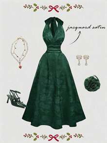 Vestido de mujer de moda con estampado total, cuello halter y lazo en la cintura, de largo medio - Verde Oscuro - Ver 6